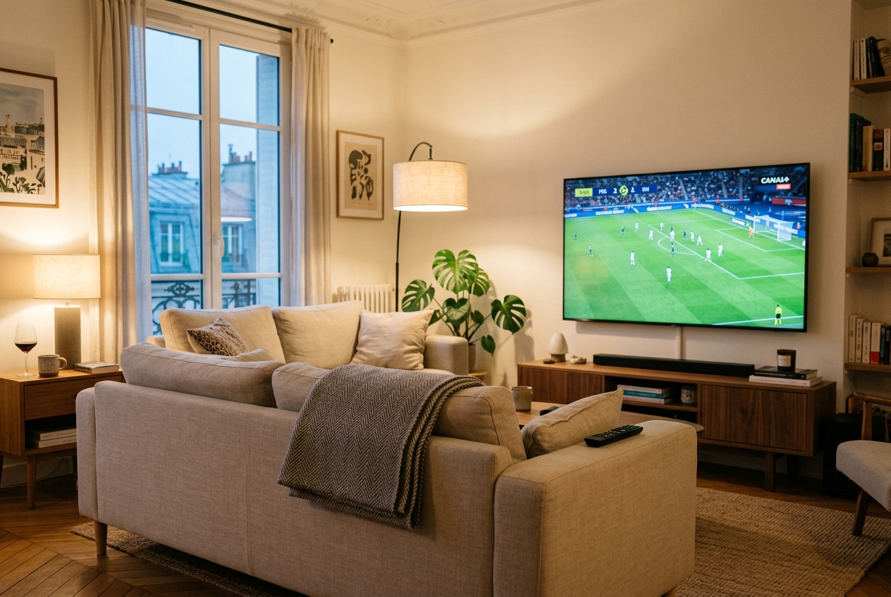 Salon avec canapé en lin, plaid, télécommande et match de football diffusé à la télévision.