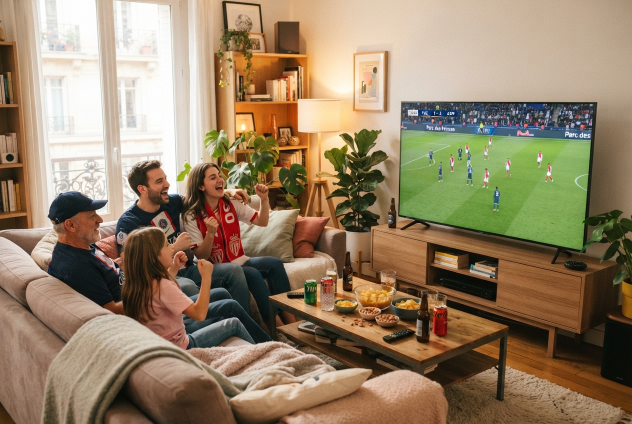 Un salon lumineux avec un match PSG-Monaco diffusé sur un téléviseur.