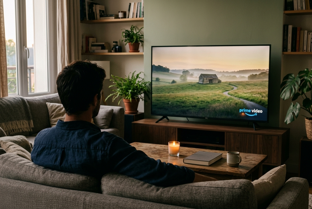 Vue arrière d'une personne devant une télévision allumée diffusant un paysage rural dans un salon en soirée.
