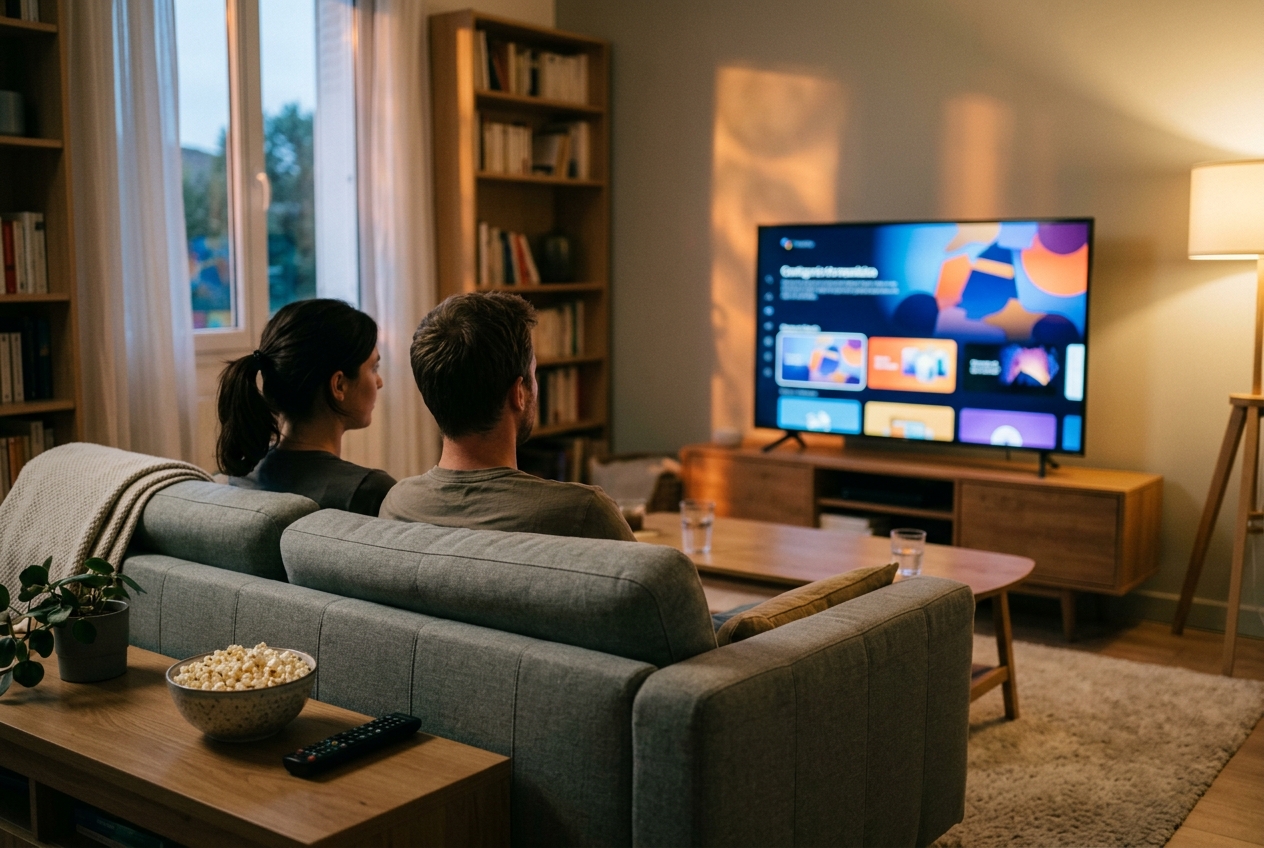 Salon en soirée avec canapé, bol de pop-corn et télécommande face à un écran de télévision allumé.