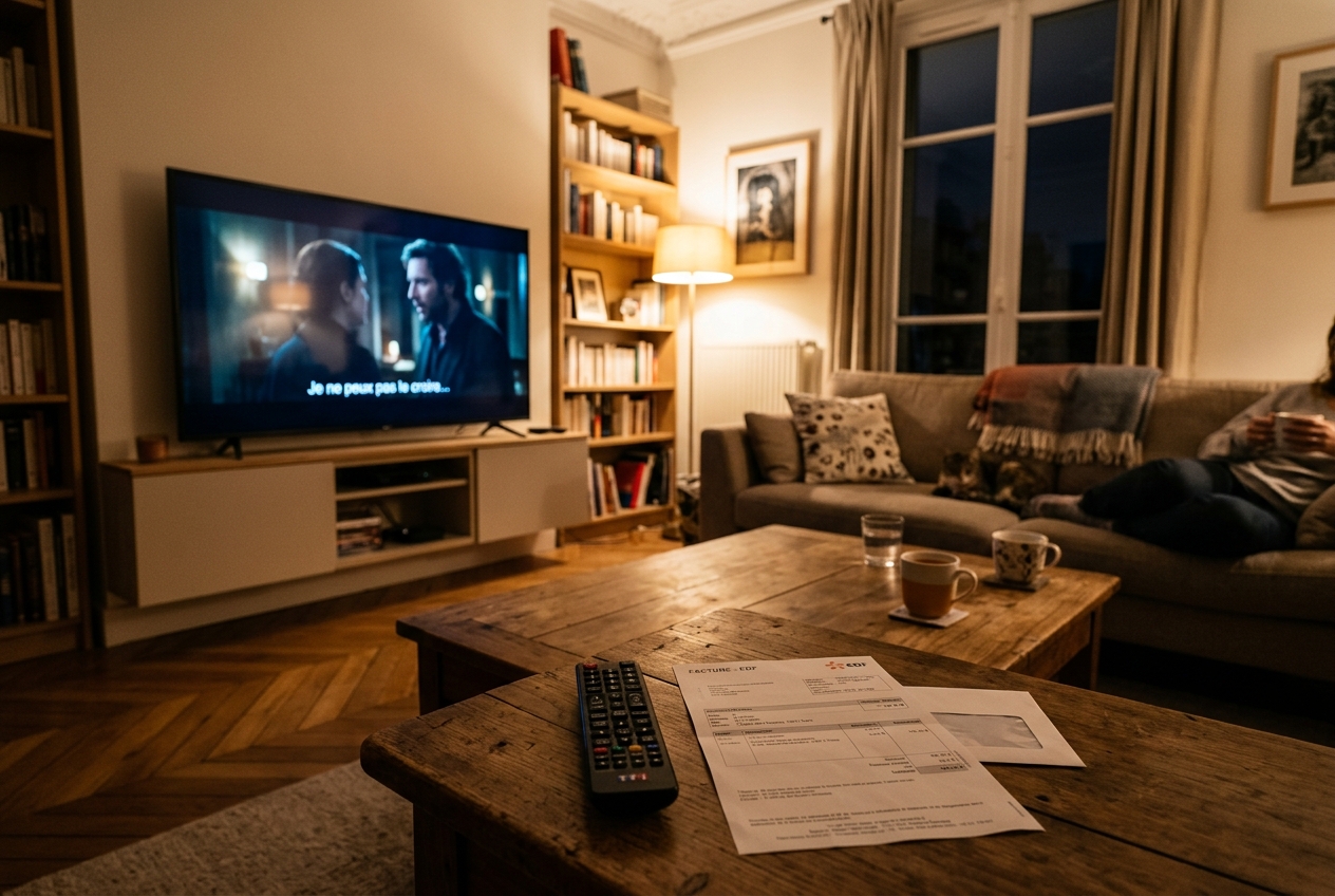 Télécommande et facture sur une table basse dans un salon avec une télévision allumée en arrière-plan.