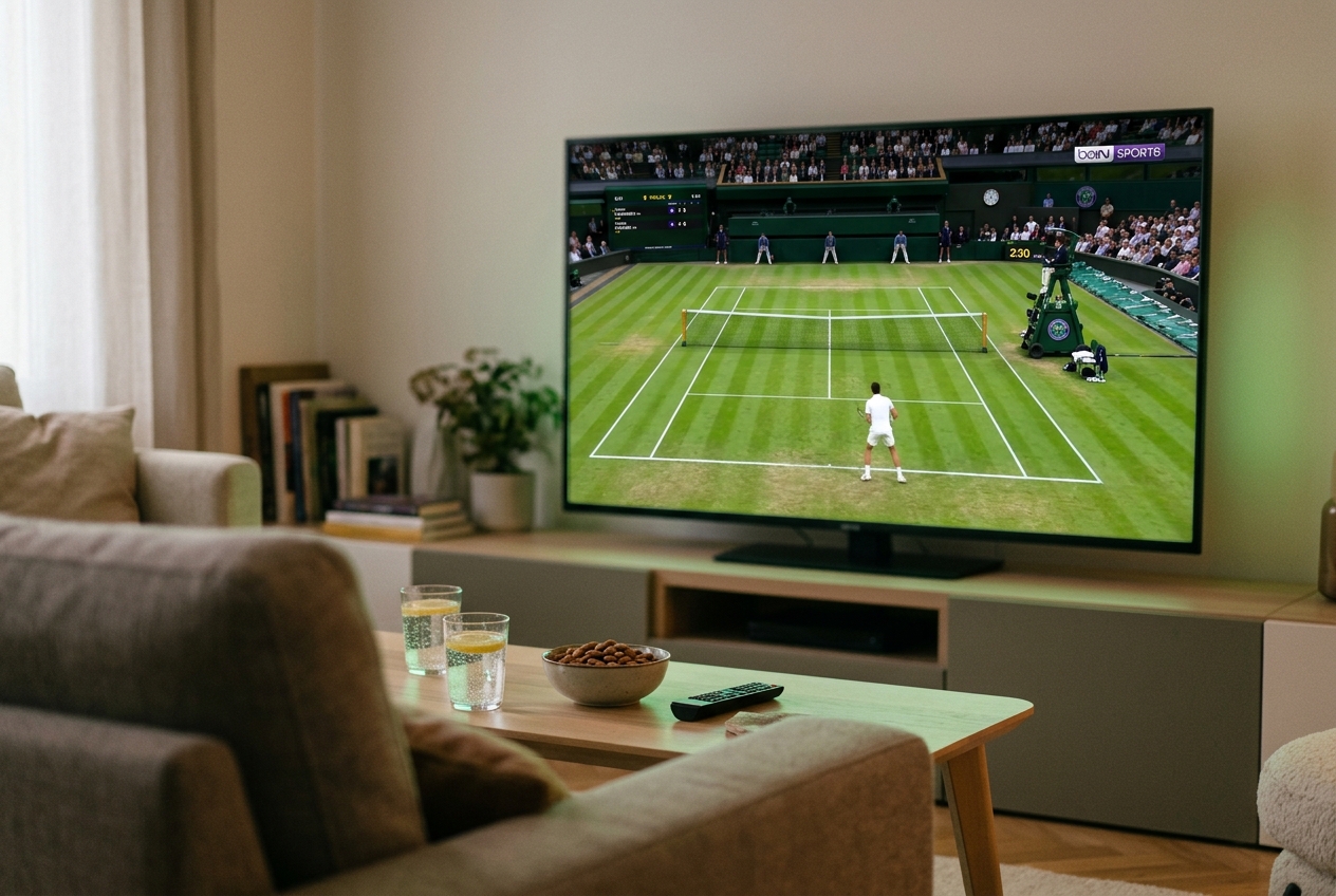 Salon avec canapé, verres et bol d'amandes face à une télévision diffusant un match de tennis sur gazon.