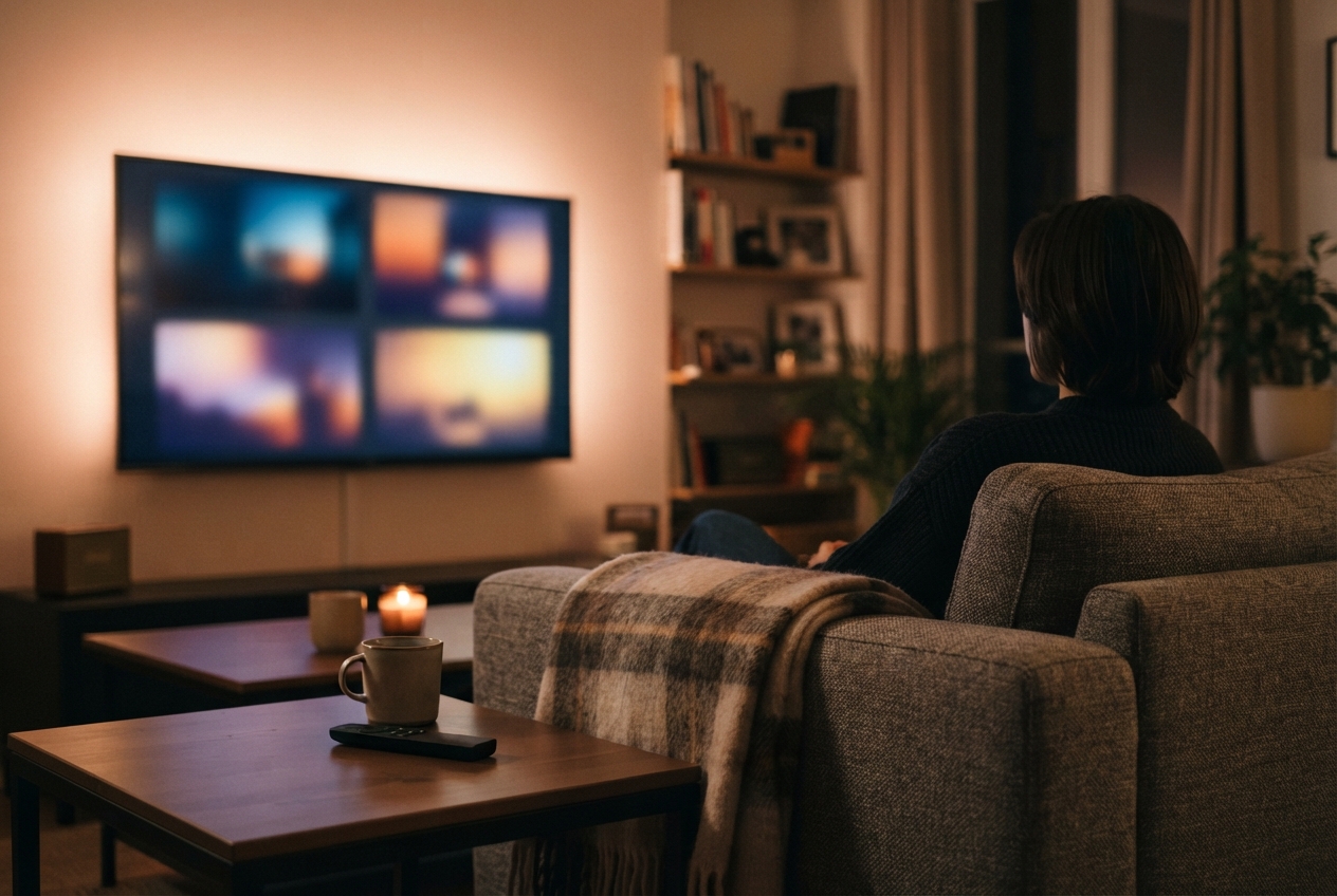 Salon en soirée avec un canapé, un plaid, une télécommande et un écran de télévision affichant des formes abstraites.