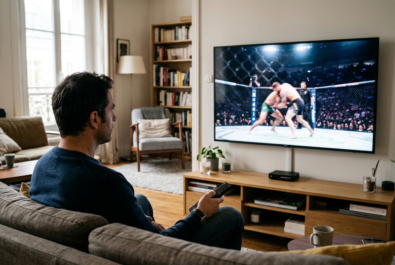 Vue de dos d'une personne tenant une télécommande devant un téléviseur diffusant un combat de MMA avec un décodeur TV.