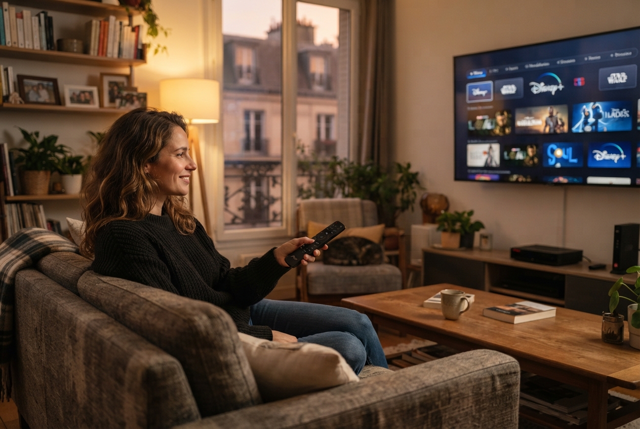 Adulte assis sur un canapé utilisant une télécommande Freebox devant une télévision affichant Disney+.