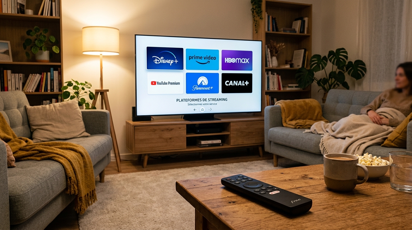 Téléviseur affichant des logos de plateformes de streaming avec une télécommande Freebox Pop sur une table basse.