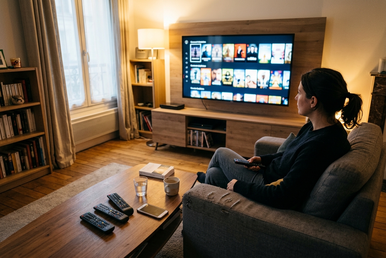 Personne assise devant un téléviseur affichant une interface de streaming, avec télécommandes et smartphone sur la table.
