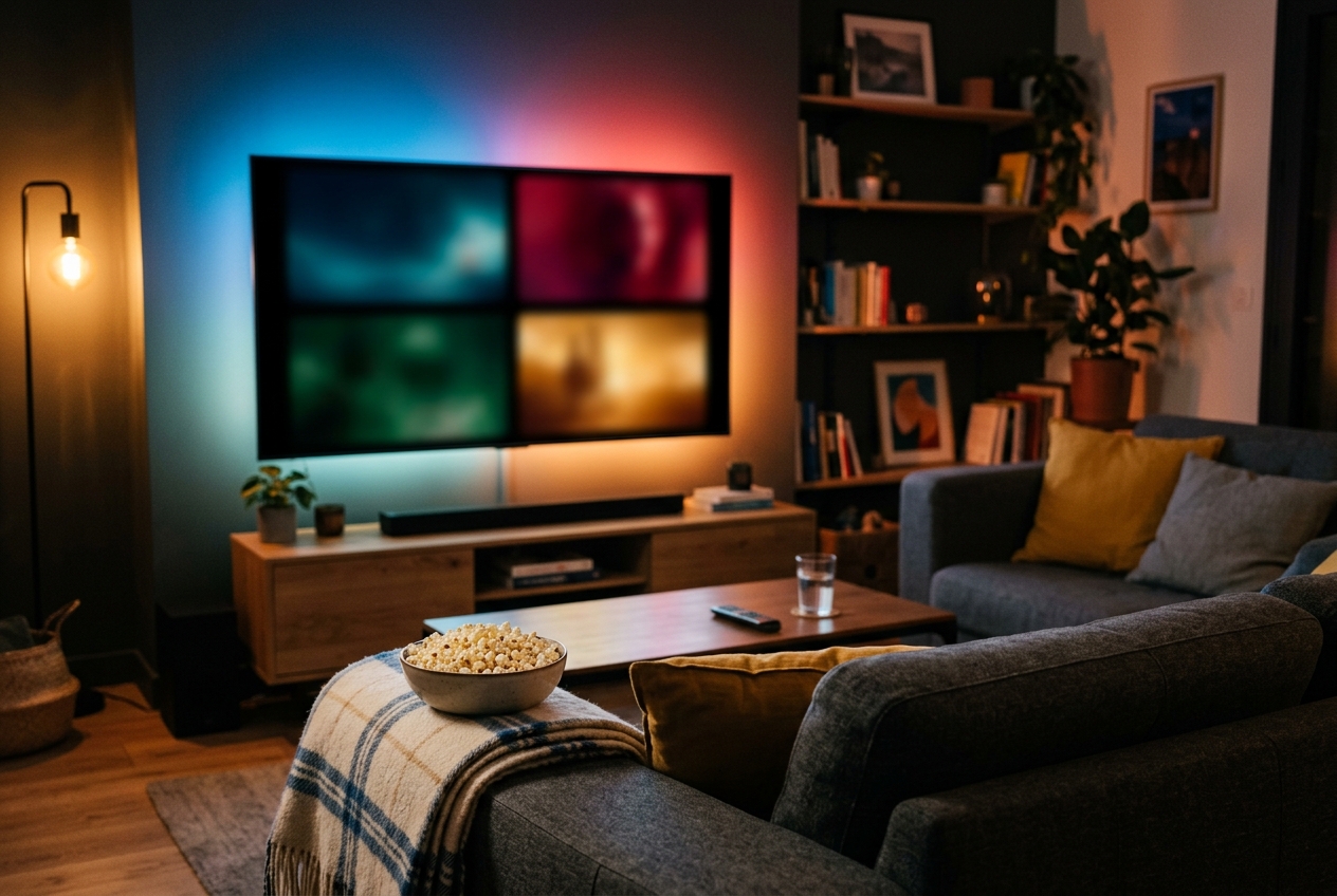 Salon avec canapé, plaid, pop-corn et télévision affichant quatre vignettes abstraites colorées.