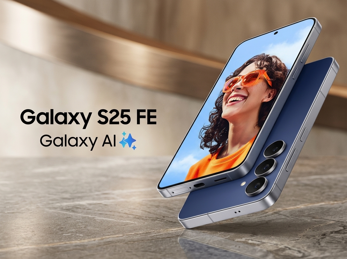 Deux smartphones Samsung Galaxy S25 FE affichant une photo sur fond de table en pierre.