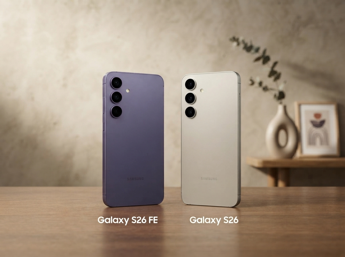 Deux smartphones Samsung Galaxy S26 FE et S26 posés sur une table en bois devant un mur texturé.
