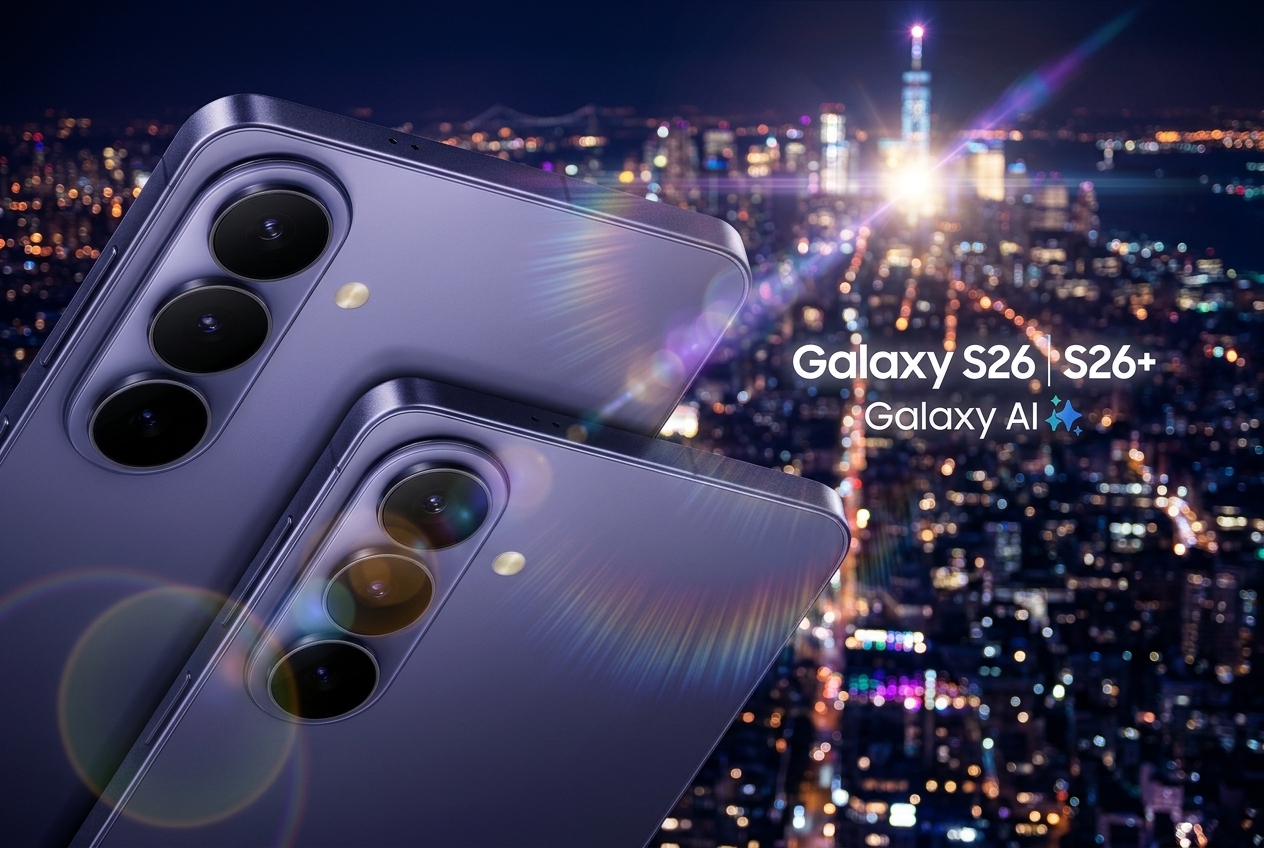 Deux smartphones Samsung Galaxy S26 et S26+ avec Galaxy AI devant un paysage urbain nocturne et des effets de lumière.