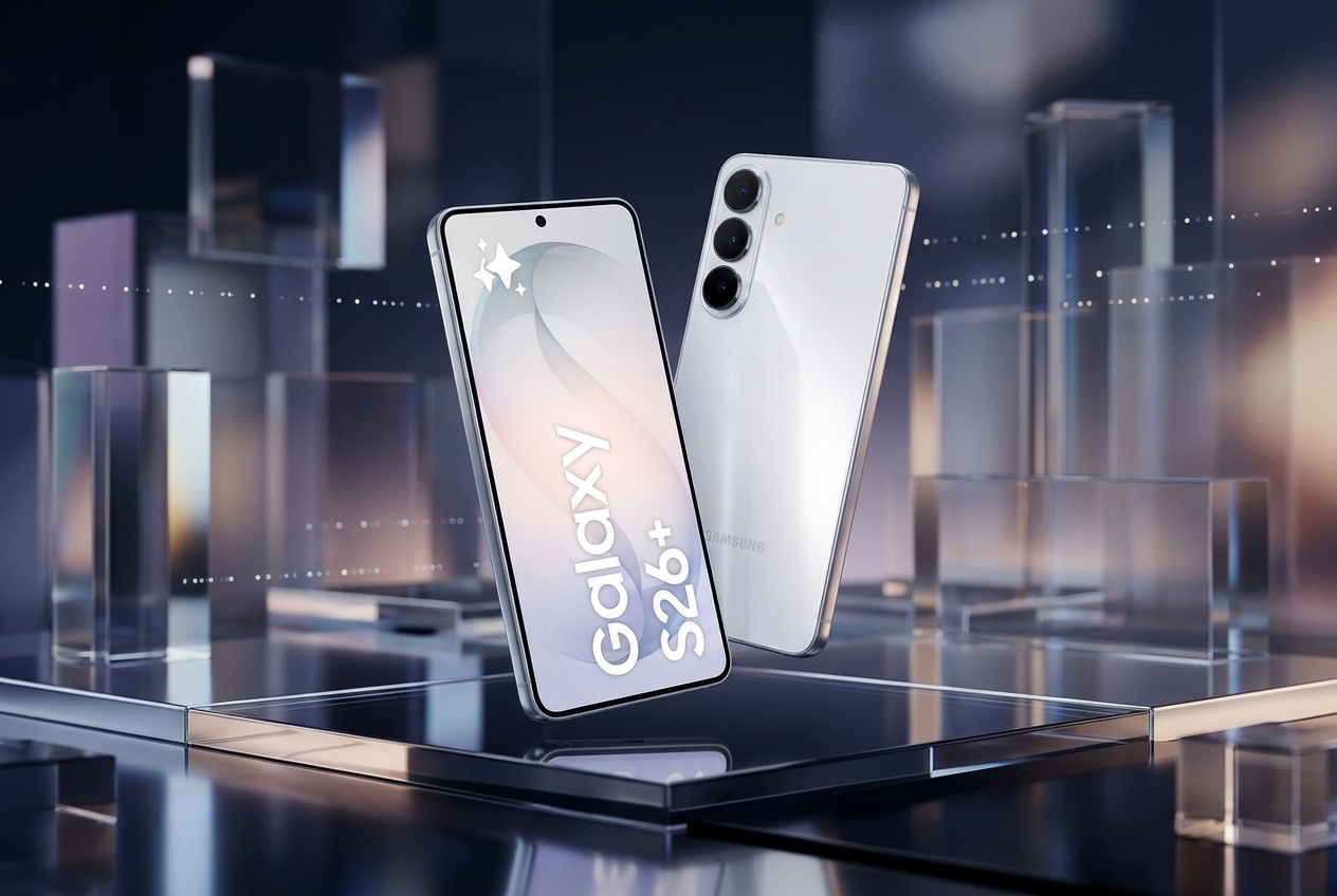 Deux smartphones Samsung Galaxy S26+ blancs présentés sur des socles en verre dans un environnement technologique.