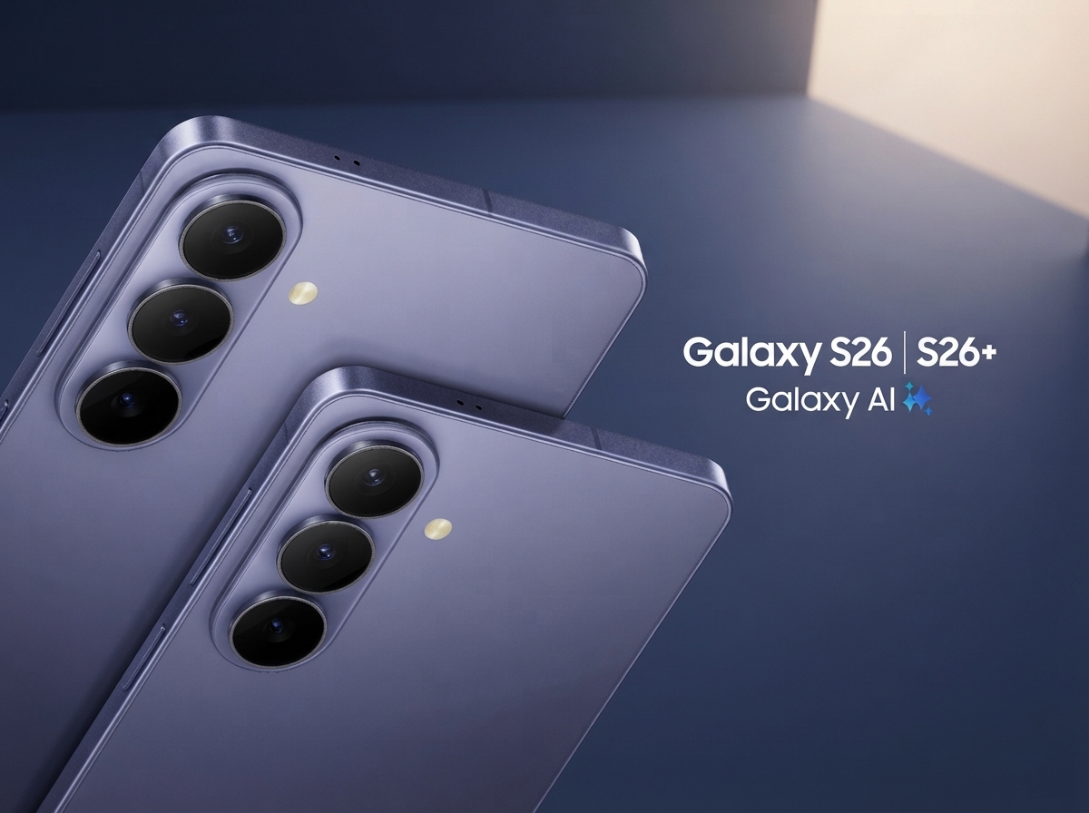 Vue arrière des smartphones Samsung Galaxy S26 et S26+ avec le logo Galaxy AI sur fond bleu.