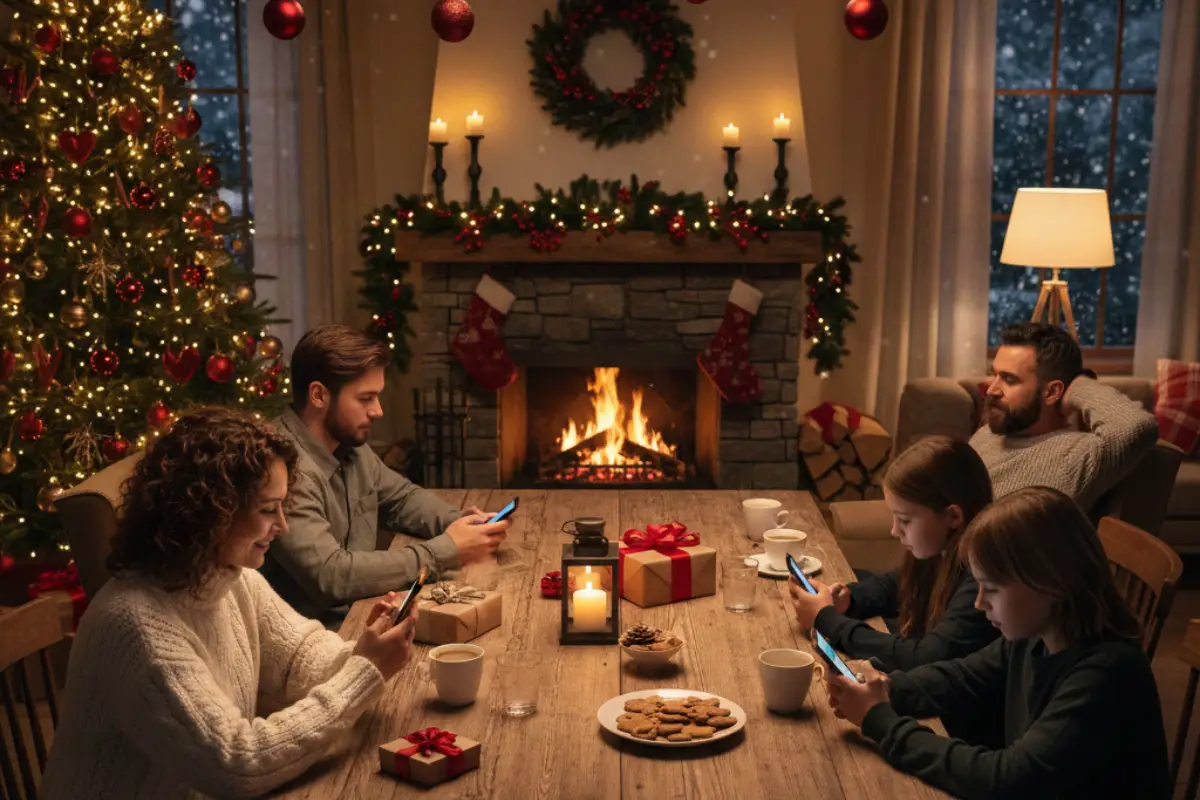 Famille réunie à table pour Noël avec smartphone, chacun avec un forfait mobile pas cher, selon son profil utilisateur