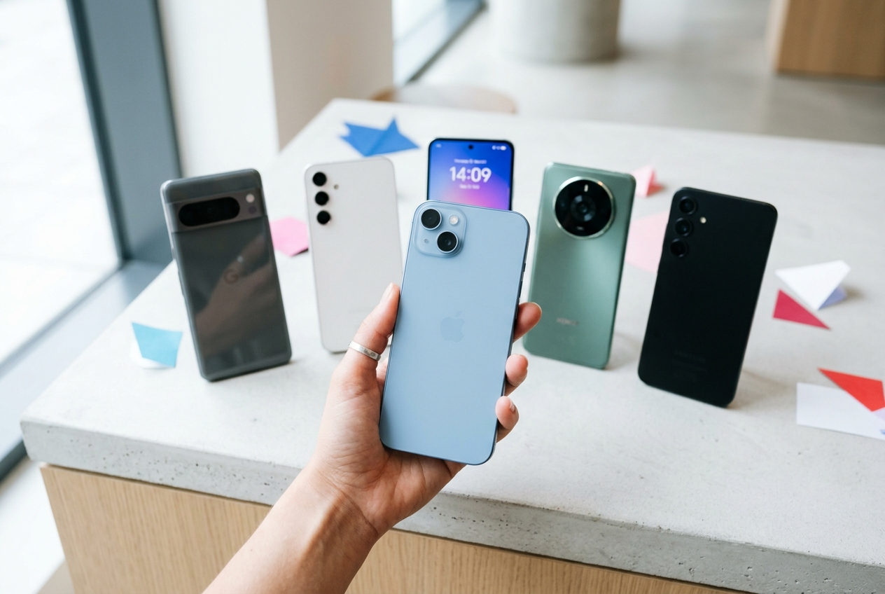 Cinq smartphones récents disposés sur une surface claire avec une main tenant un appareil au premier plan.