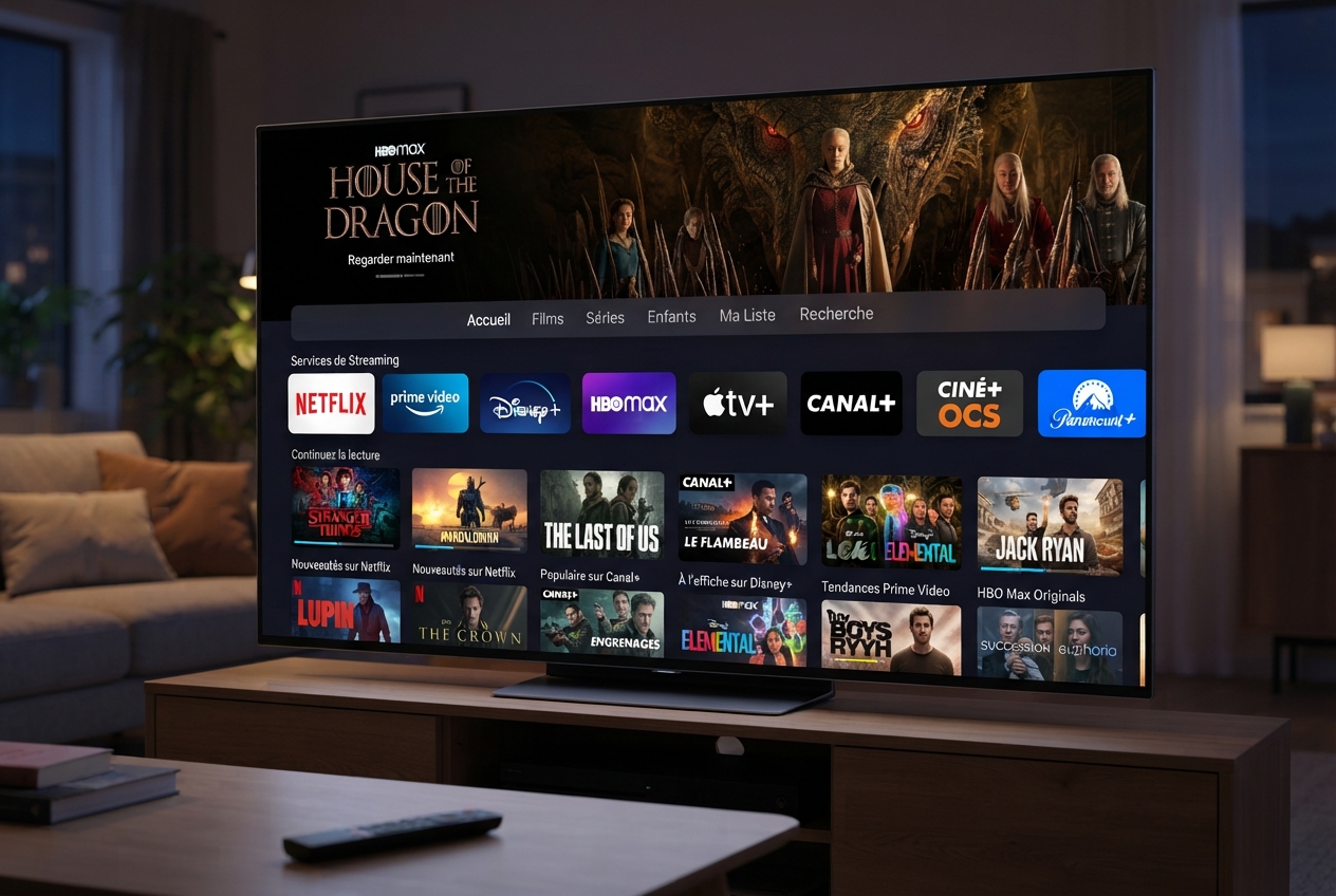 Écran d'accueil affichant les logos des services de streaming disponibles en France.