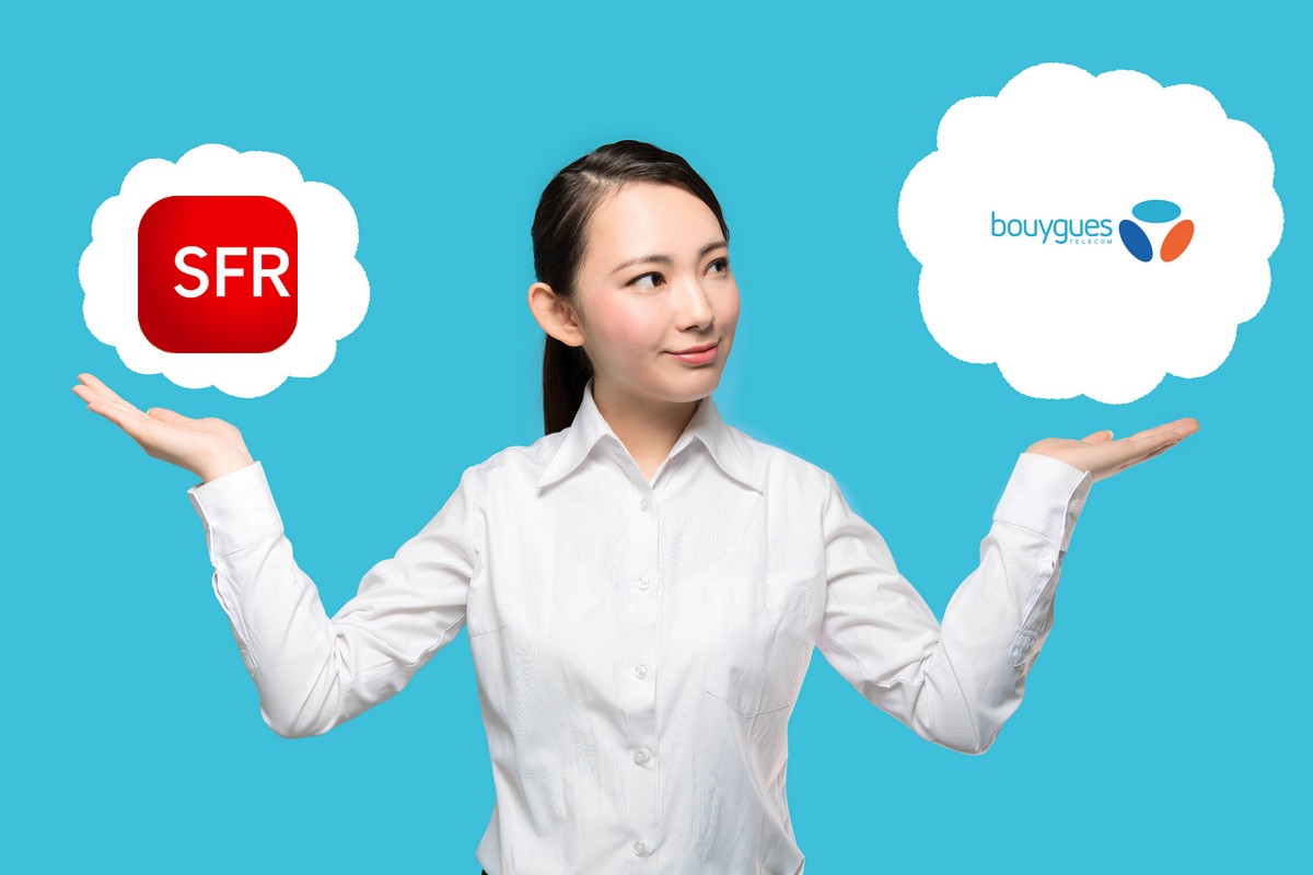 Femme tient dans ses mains les logos de SFR et Bouygues Telecom et hésite entre leurs 2 Box Internet