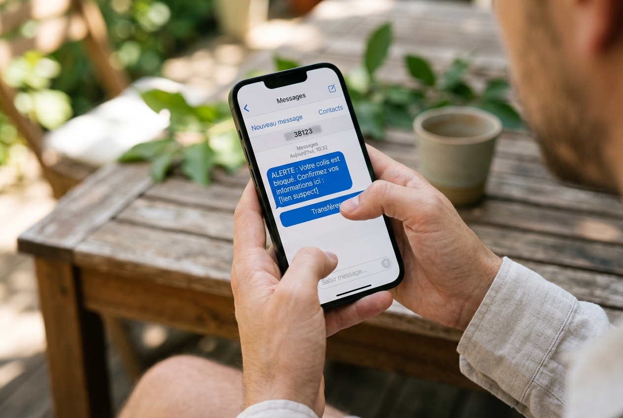 Mains tenant un smartphone affichant une interface de messagerie avec un message suspect et un bouton de transfert.