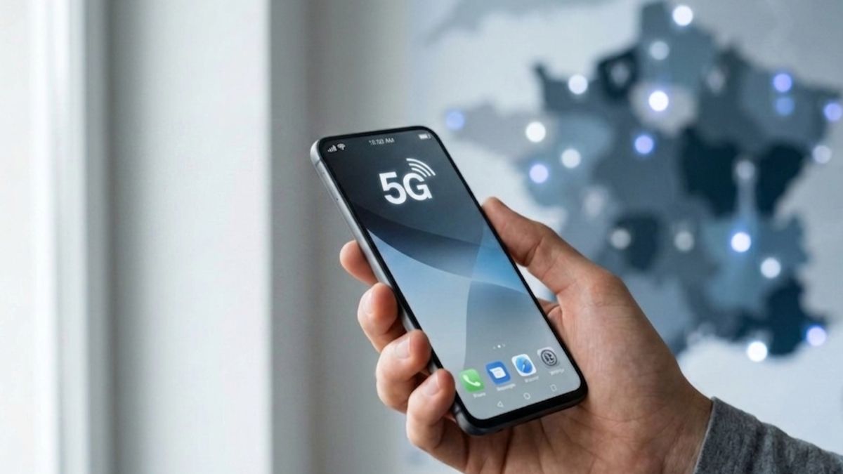 Main tenant un smartphone affichant une icône 5G devant une carte de France stylisée avec des points lumineux.
