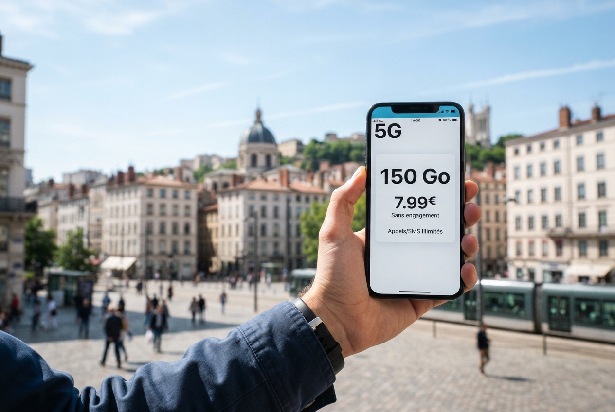 Smartphone 5G affichant 150Go pour 7,99€ devant un paysage urbain français.