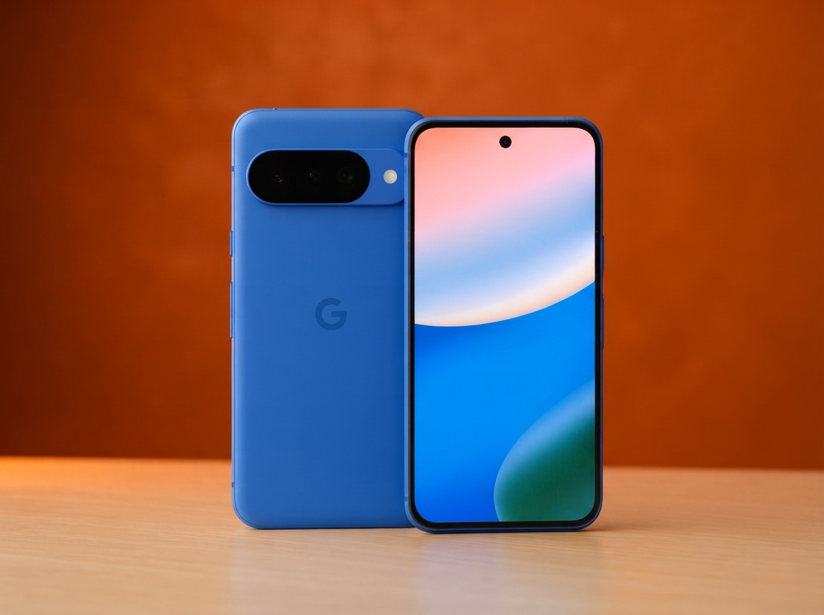 Google Pixel 10 bleu posé sur une surface en bois devant un fond contrasté.
