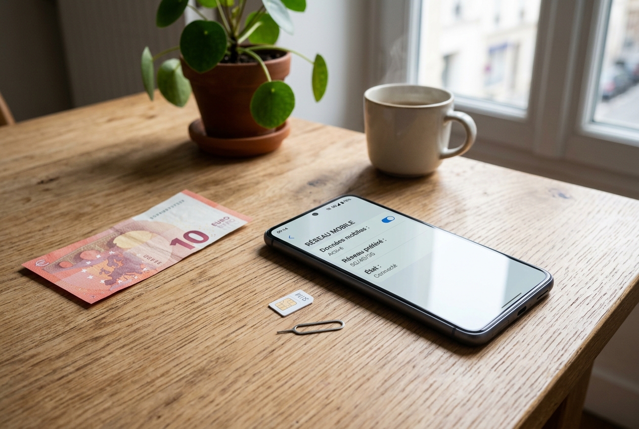 Carte SIM et smartphone avec icône 5G sur une table en bois, accompagnés d'un billet de 10 euros.