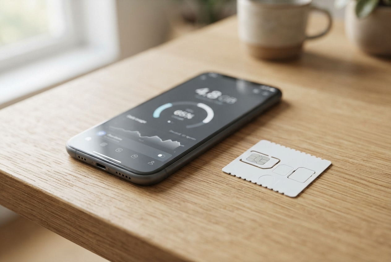 Smartphone posé sur une table en bois à côté d'une carte SIM avec un écran affichant une jauge de consommation data.