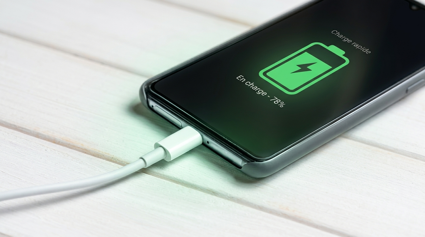Smartphone en charge rapide avec une batterie à 78 % affichée sur l'écran.