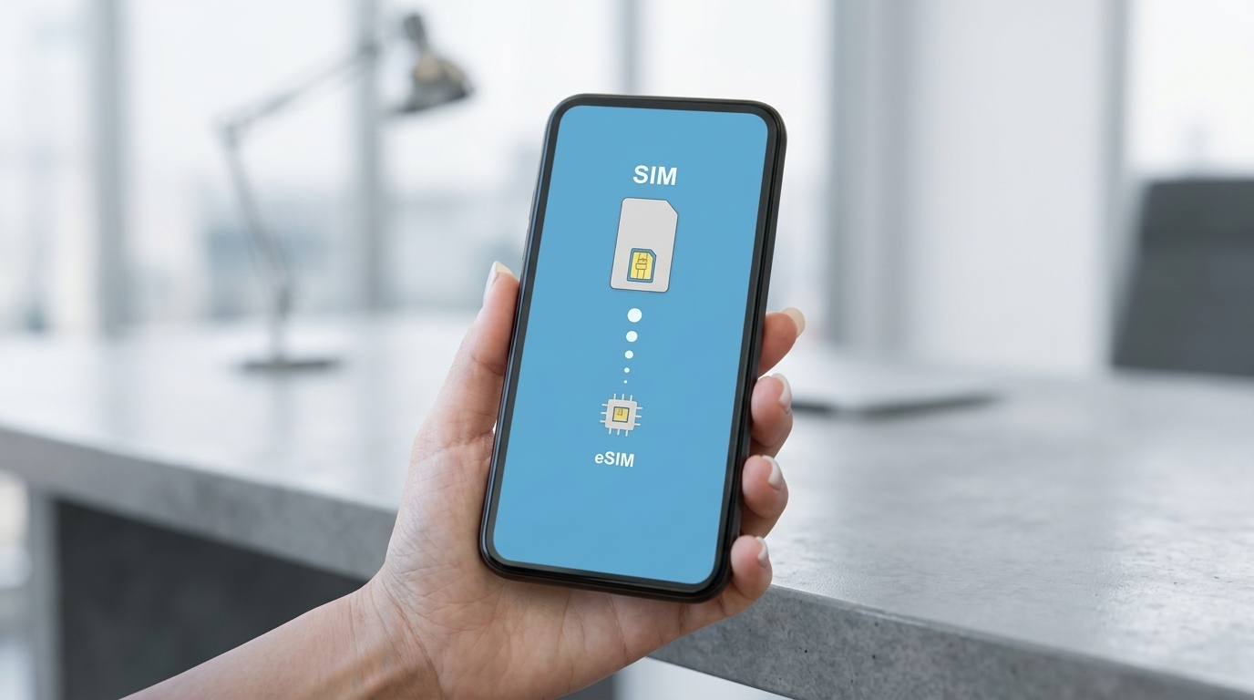 Main tenant un smartphone affichant une comparaison entre une carte SIM physique et une eSIM.
