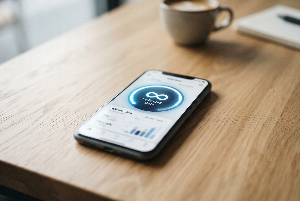 Smartphone posé sur une table en bois affichant une jauge de consommation de données mobile.