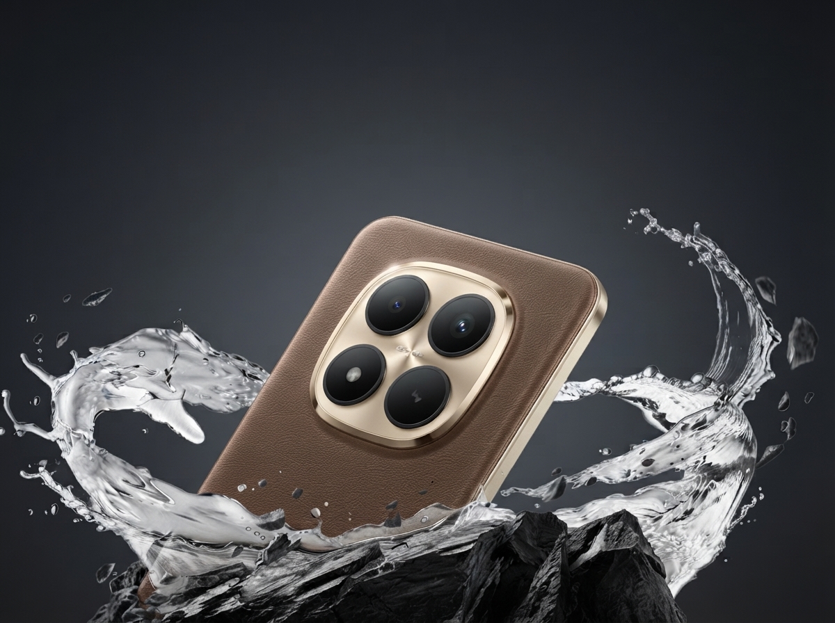 Smartphone avec dos en cuir et bloc photo doré entouré d'éclaboussures d'eau sur fond gris.