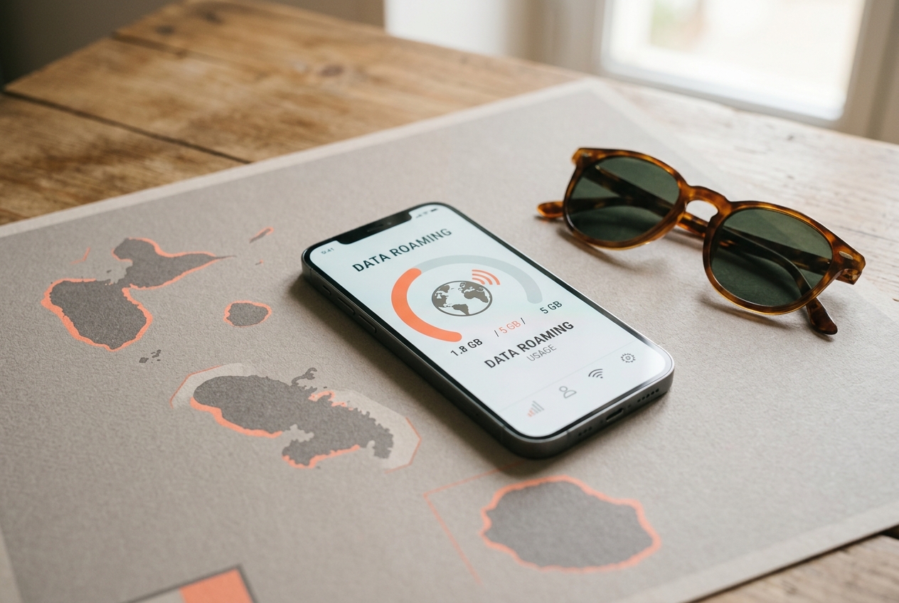 Smartphone affichant un compteur de données sur une carte des DOM, accompagné de lunettes de soleil.