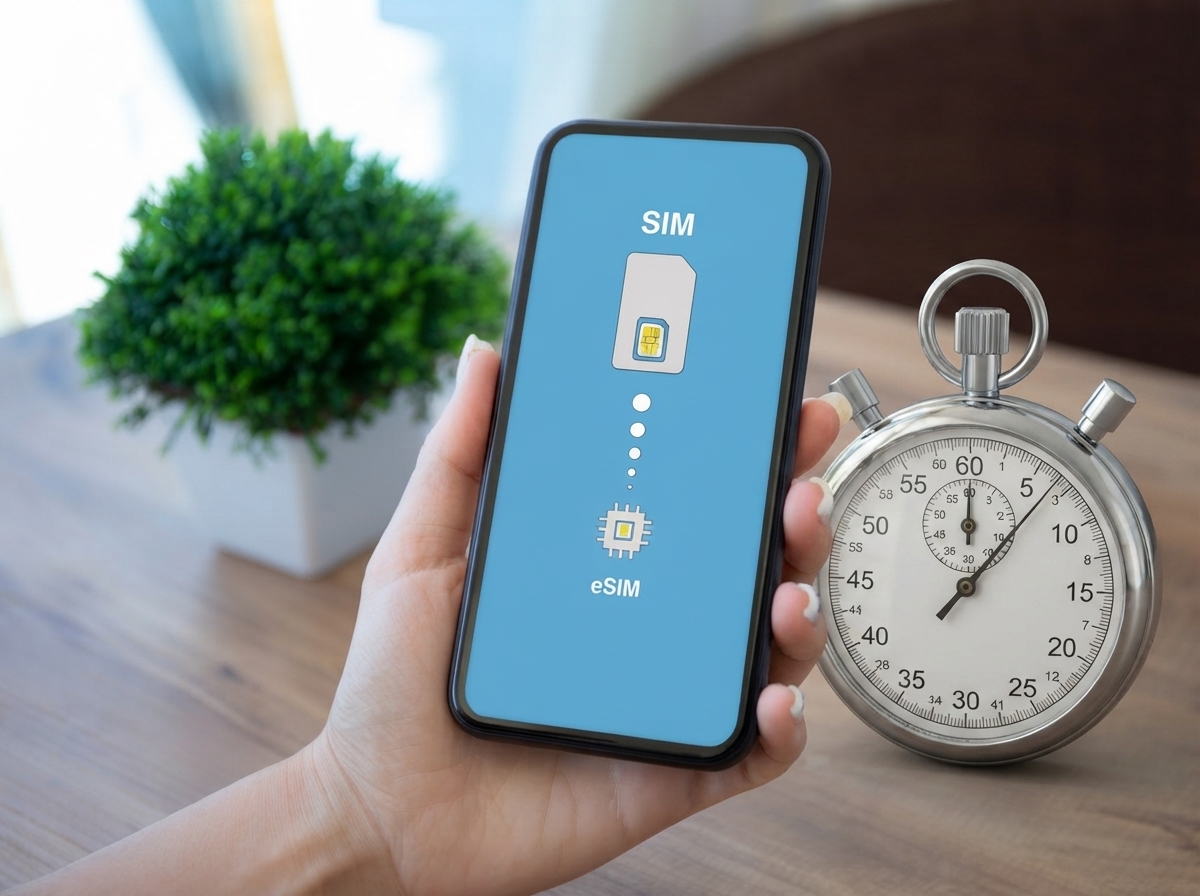 Main tenant un smartphone affichant la transition d'une carte SIM vers une eSIM, avec un chronomètre à côté.