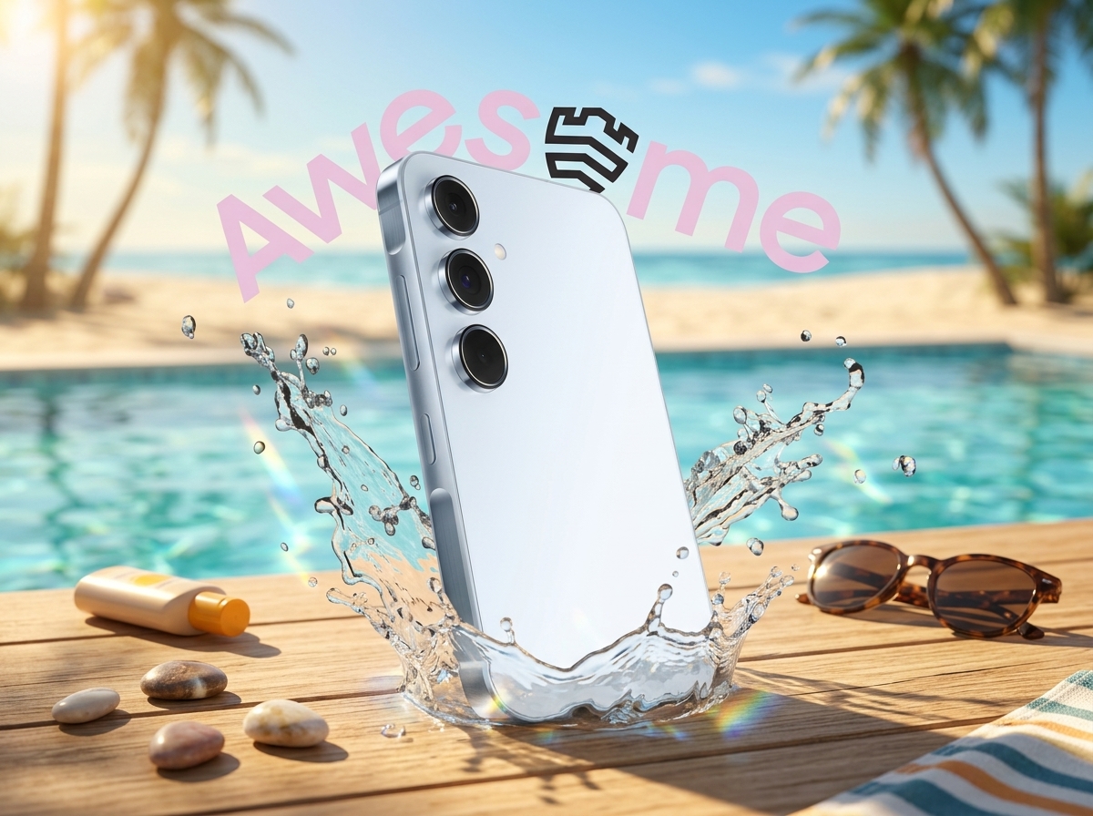 Smartphone blanc immergé dans l'eau sur une terrasse en bois avec des palmiers en arrière-plan.