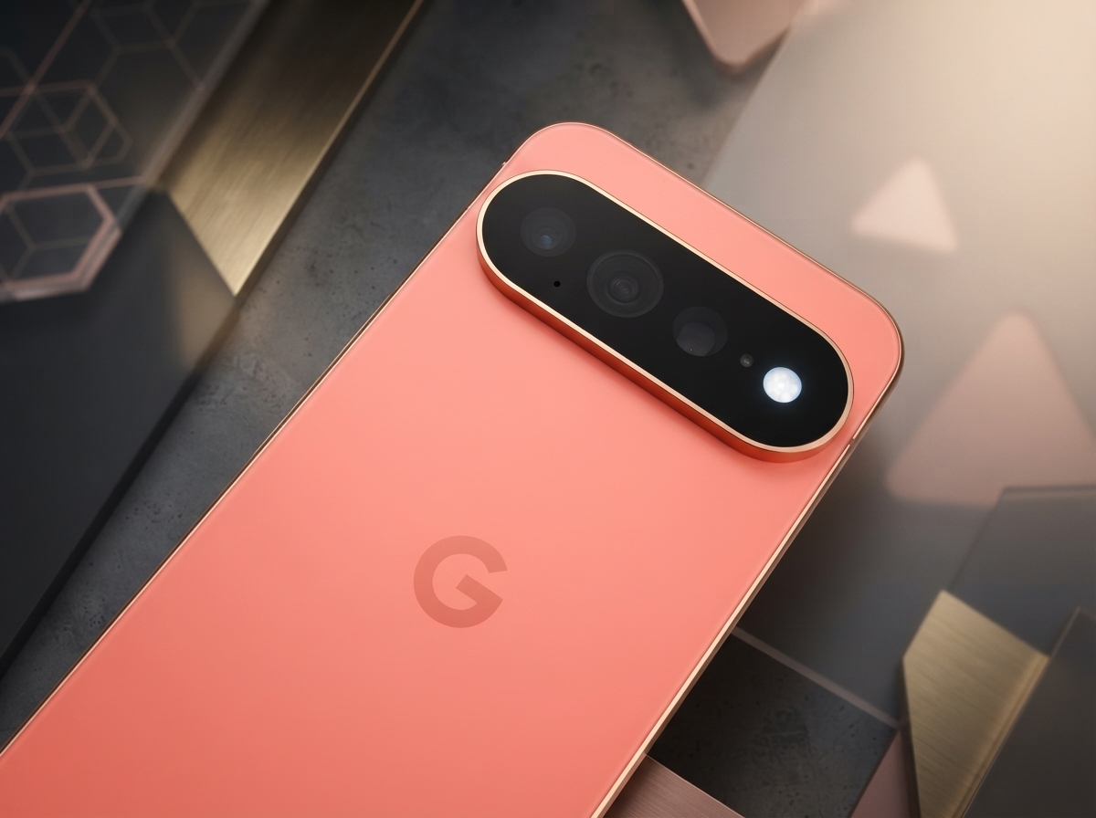 Dos d'un smartphone Google Pixel rose avec bloc photo horizontal sur un fond moderne.