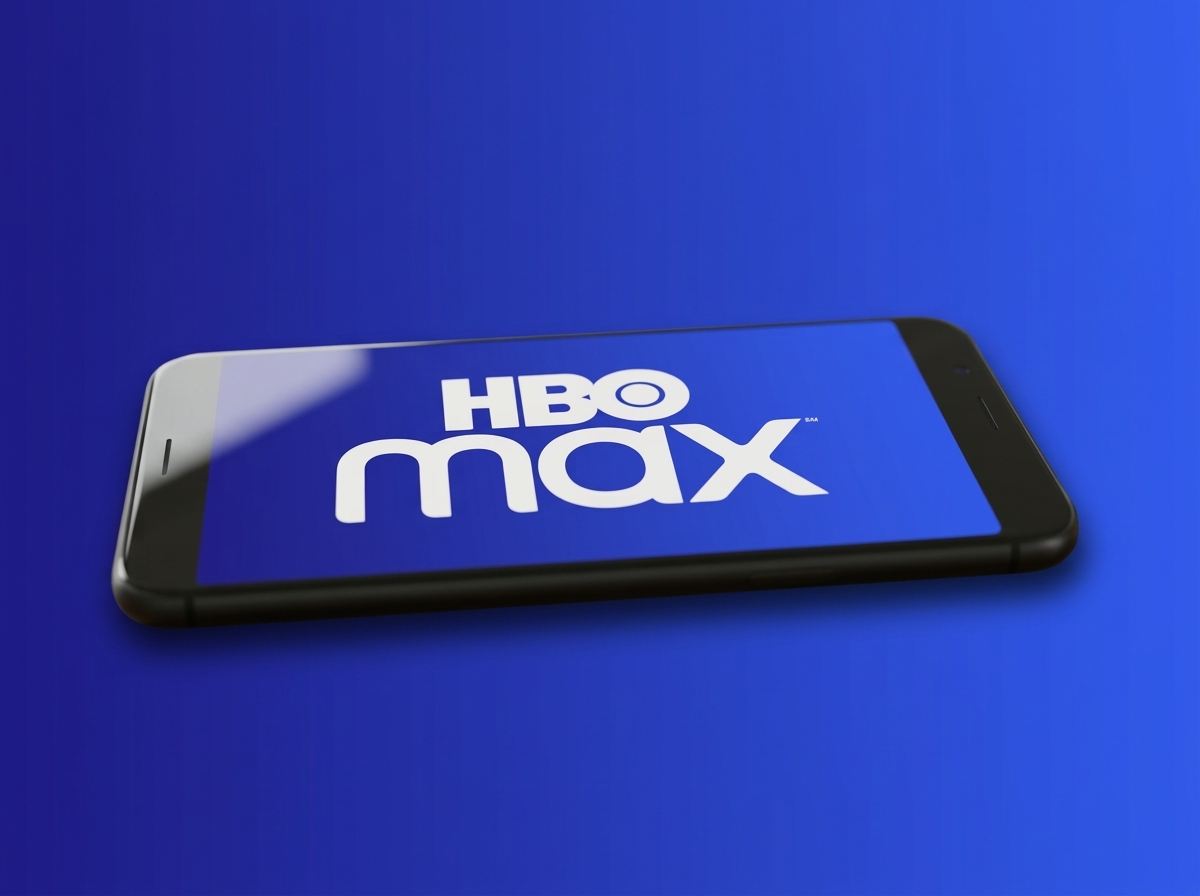 Un smartphone affichant le logo HBO Max sur fond dégradé