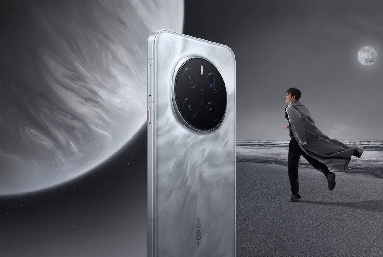 Smartphone Honor avec bloc photo circulaire, placé devant une planète et une personne marchant sur une plage.