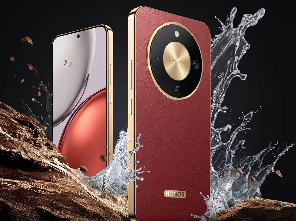 Smartphone Honor rouge avec module photo circulaire, entouré d'éclaboussures d'eau et de fragments de chocolat.