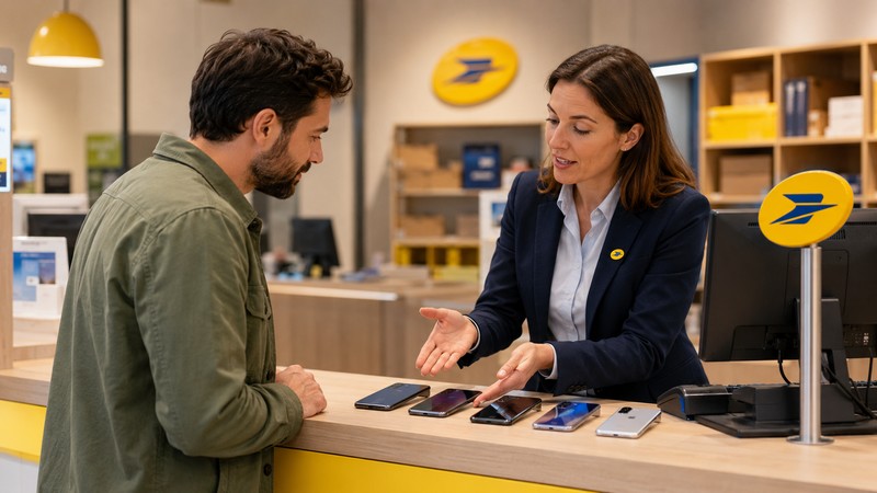 Une conseillère propose des smartphones dans un bureau de poste