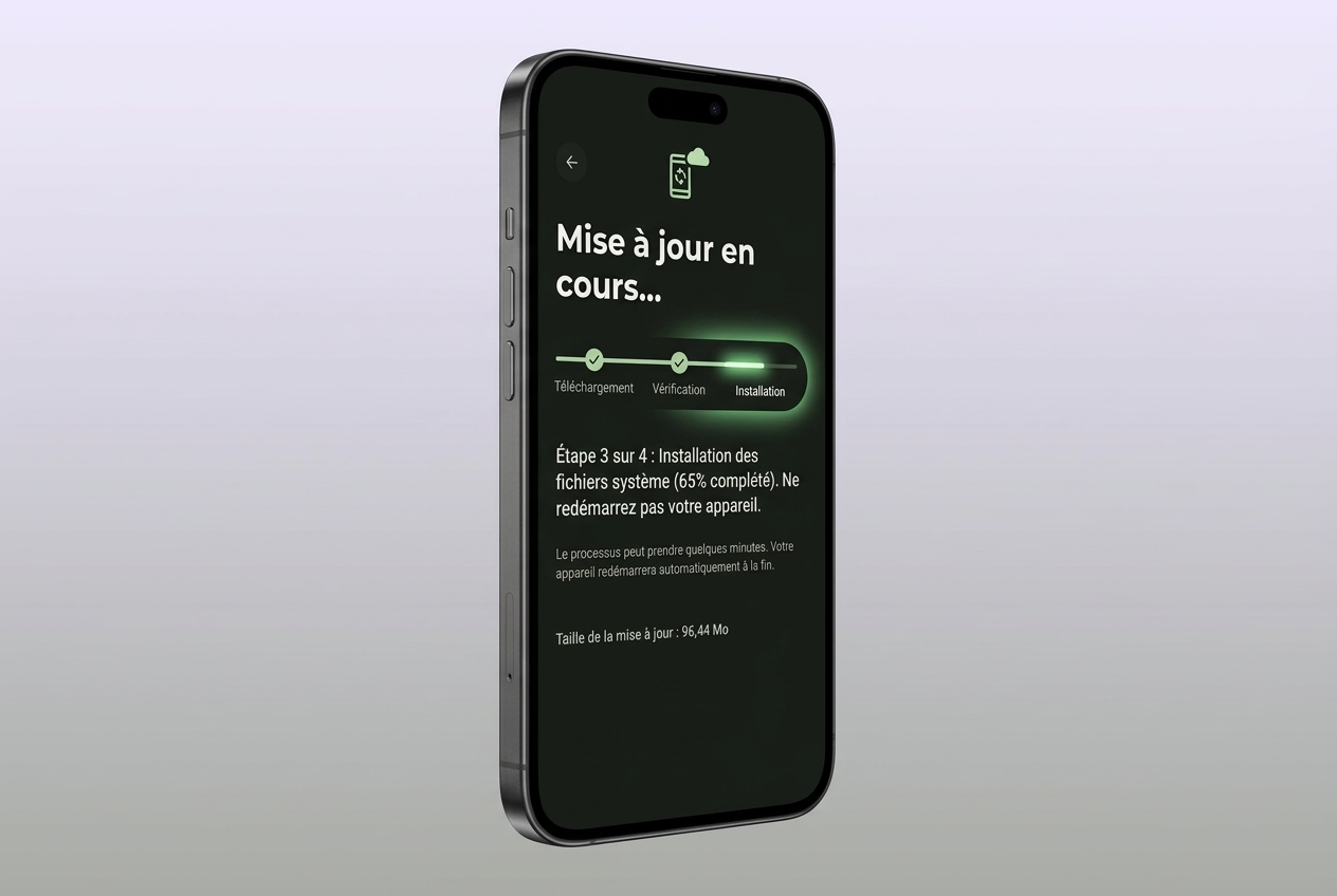 Smartphone affichant une barre de progression d'installation de mise à jour système à 65%.