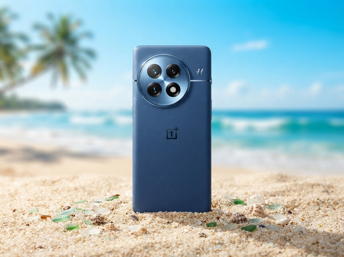 Smartphone OnePlus bleu posé sur le sable d'une plage avec des palmiers en arrière-plan.