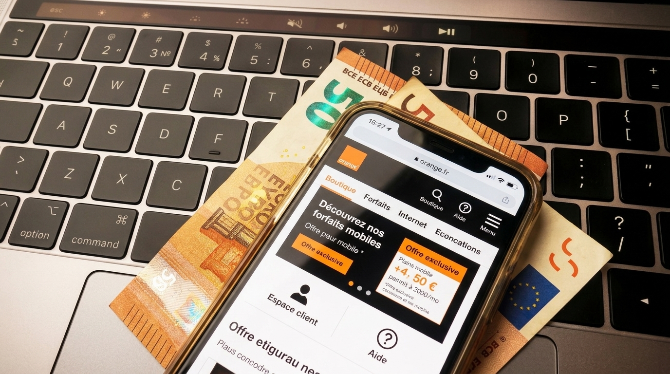 Smartphone affichant le site Orange posé sur un clavier d'ordinateur avec un billet de 50 euros.