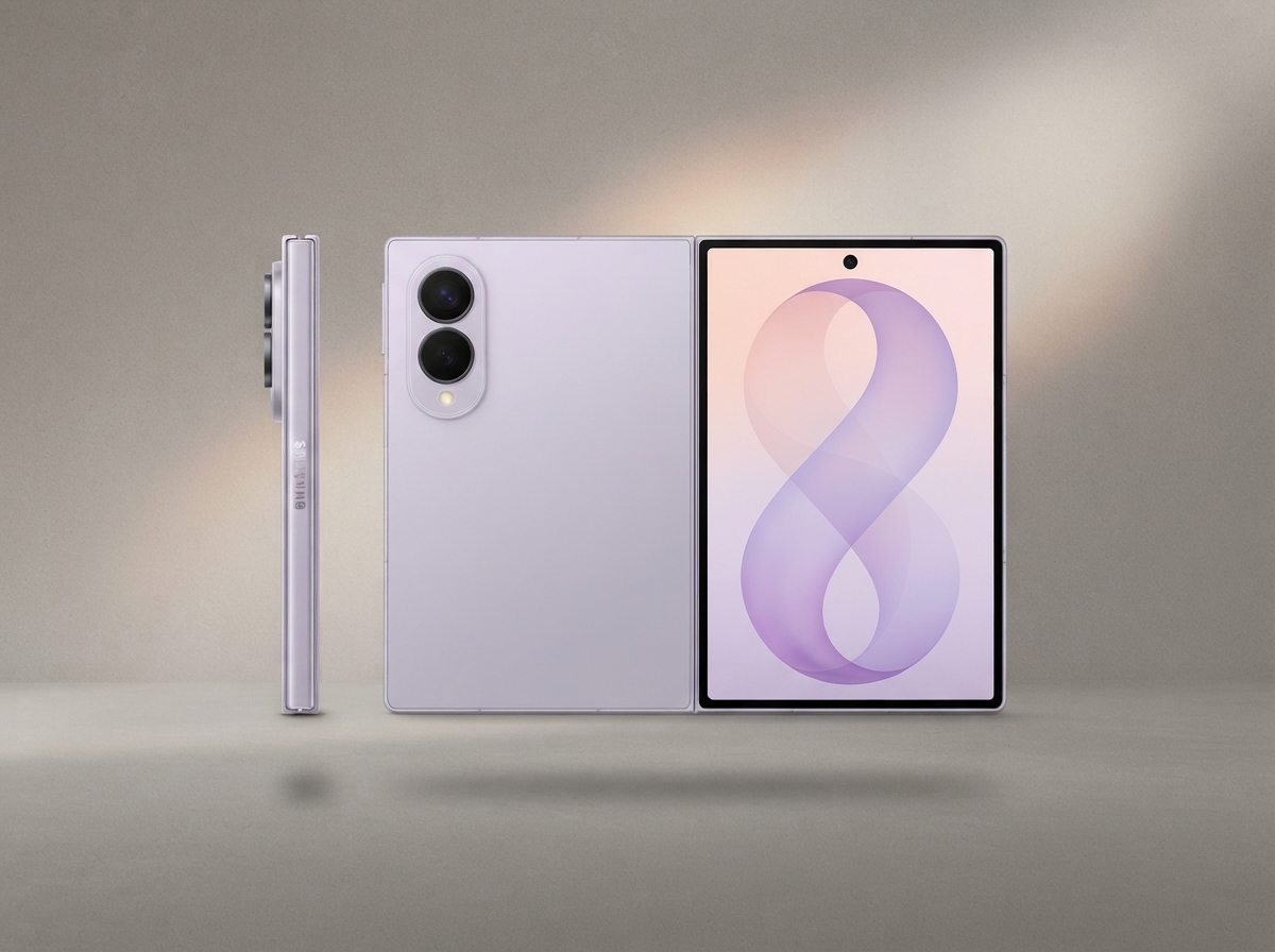 Smartphone pliable Samsung de couleur lilas vu de profil et de face sur un fond uni.