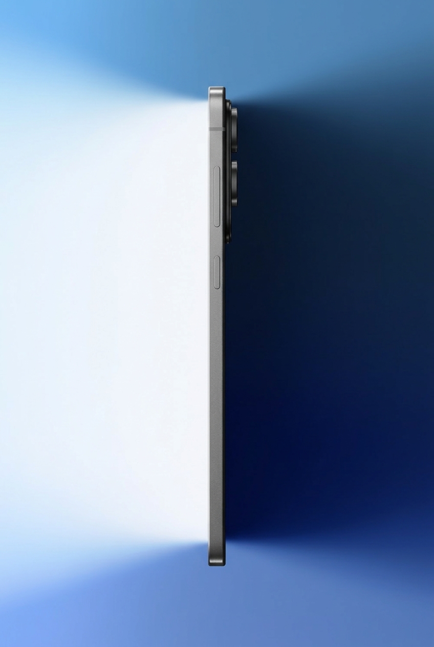 Vue latérale d'un smartphone gris sur fond bleu avec des boutons de volume et d'alimentation visibles.