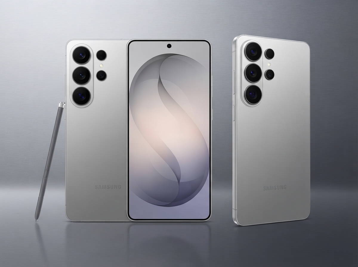 Trois vues d'un smartphone Samsung gris avec un stylet sur fond gris.