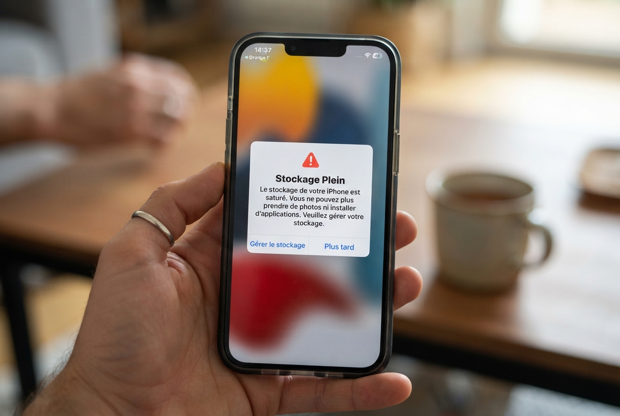 Smartphone affichant un message d'erreur indiquant que l'espace de stockage est saturé.
