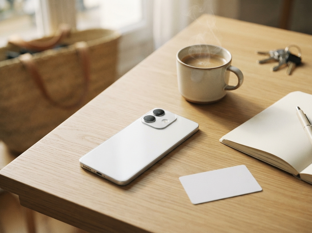 Smartphone blanc posé sur une table en bois avec une tasse de café, un carnet et une carte vierge.