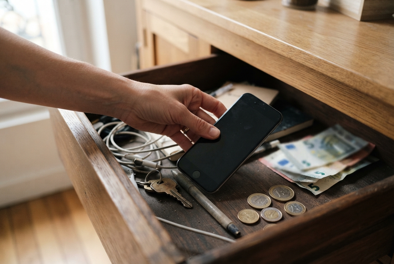 Une main saisit un vieux smartphone posé dans un tiroir ouvert avec des pièces et des billets.