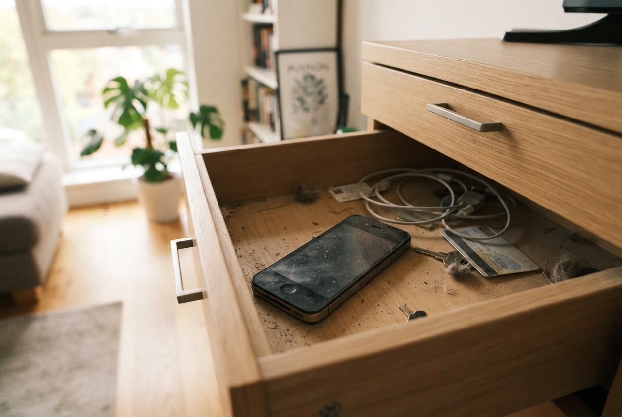 Un ancien smartphone posé dans un tiroir de meuble ouvert dans un salon éclairé.