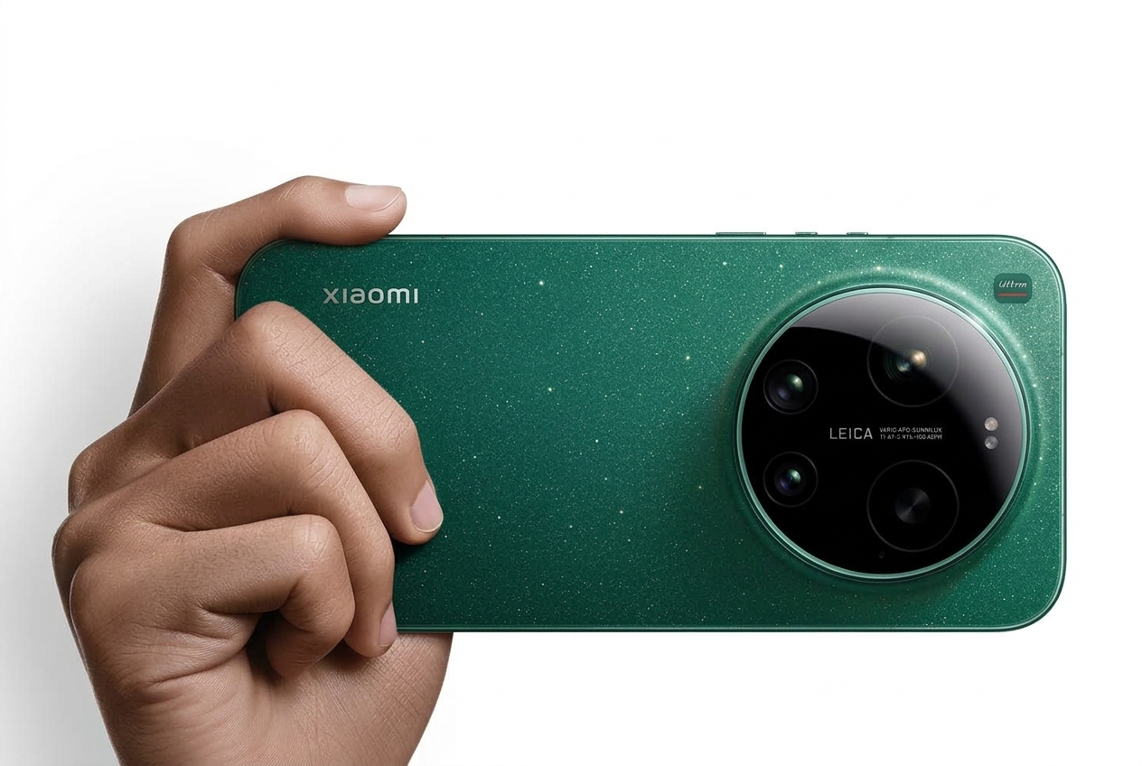 Main tenant un smartphone Xiaomi vert avec un module photo circulaire Leica au dos.